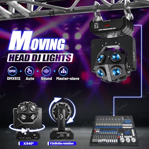 Dreamland Moving Head DJ Lights, RGBW LED Rotation Party Lights with DMX Sound Auto Control, Strobe Disco Lighting for Parties Stage Club Christmas