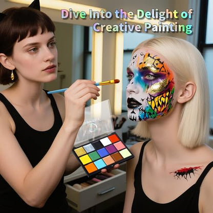 Drawdart Face Body Paint Kit, 15 Colors Palette with 10 Artist Brushes, Facepaint Makeup Kit for Soccer Tournaments & Game Day Fans, Halloween SFX Cosplay Costume Parties - color: 15 Colors Kit（10 Brushes）