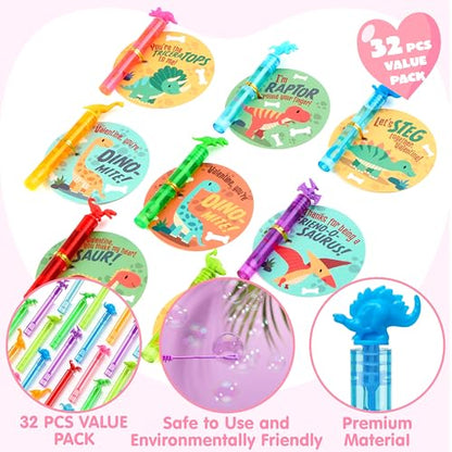 JOYIN 32 Packs Valentine's Day Gift Cards with Mini Bubble Wands for Kids, Valentine's Party Favor, Classroom Exchange Gift for Kids, Holiday Reward Prizes - style: Dinosaur