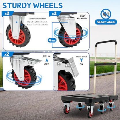 Folding Platform Truck, 600lbs Capacity Flatbed Dolly with Expandable Deck | Heavy Duty Collapsible Dolly Cart w/ Brake Wheel, Retractable Handle,Sponge Grip,Portable for Luggage,Camping,Office - style: 6-wheel dolly