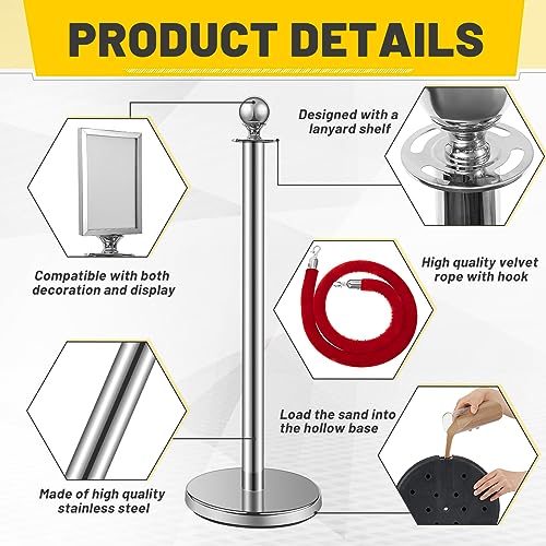 Velvet Ropes and Posts, 4 Stainless Steel Stanchions, Sign Holder, Silver | 2x5 ft Velvet Ropes, Fillable Bases, Sign Holder, Crowd Control Barriers for Red Carpet Events, Hotel, Theater, Weddings - color: Red