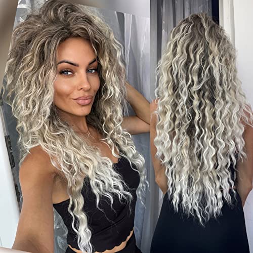 GNIMEGIL 26 Inch Ombre Ash Blonde Curly Wig 80s Long Wavy Wigs For Women Fluffy Synthetic Fiber Carnival Party Halloween Costume Big Volume Hair Brown Shades Blonde Realistic Hairstyle - color: Ash Blonde