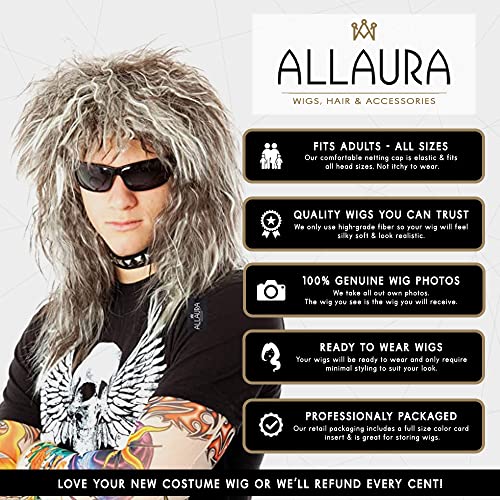 ALLAURA 70s 80s Rocker Wigs + Tattoos Costume Set Glam Hairband Rockstar Mullet Wig + Tattoo Sleeves Heavy Metal Wigs Metal HairWig | Rock Star Wig for Men — Rock Star Costumes for Men's - color: 3-Blonde