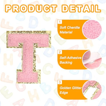 MECCANIXITY Chenille Letter Patches 2.2" Self Adhesive Alphabet T Stick on Embroidered Patch Sew on Letter Stickers Applique for Repairing Clothing Jeans Shoes Hats DIY(Pink, Pack of 6) - style: Letter-T