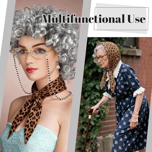 8pcs Old Lady Wig Costume Set for Halloween Party | 100th Days of School Costume, Gray Hair Wig, Pearl Necklace, Glasses, Glasses Chain, Bracelet, Bandana, Earrings, Hair Net