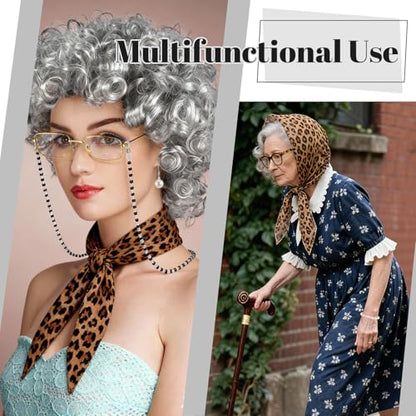 8pcs Old Lady Wig Costume Set for Halloween Party | 100th Days of School Costume, Gray Hair Wig, Pearl Necklace, Glasses, Glasses Chain, Bracelet, Bandana, Earrings, Hair Net