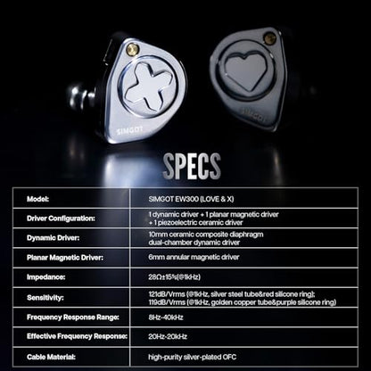 Linsoul SIMGOT EW300 1DD+1Planar+1PZT Hybrid Driver IEMs, HBB Edition | HiFi Wired Earbuds, Gaming Earbuds with Detachable Nozzles, Silver-Plated OFC In Ear Monitor Cable for Audiophile Musician - style: EW300 HBB