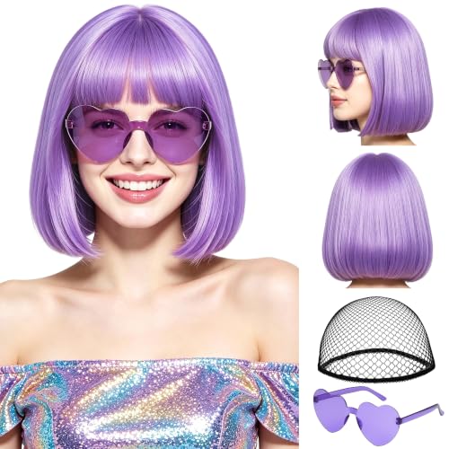 Short Bob Straight Hair Wigs with Bangs, Synthetic Fiber Colorful Hair, Heart-shaped Sunglasses for Women (Blue-Purple) - color: Blue-Purple