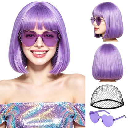 Short Bob Straight Hair Wigs with Bangs, Synthetic Fiber Colorful Hair, Heart-shaped Sunglasses for Women (Blue-Purple) - color: Blue-Purple