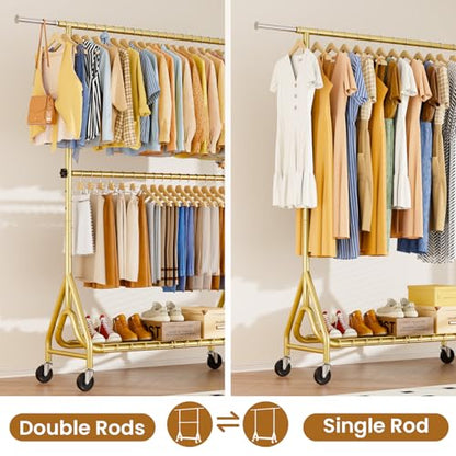 Double Rods Clothing Rack, Heavy Duty Clothes Rack for Hanging Clothes Load 560LBS, Metal Rolling Garment Racks with Wheels, Freestanding Clothes Hanging Racks, Gold - color: Gold, size: Double Rods
