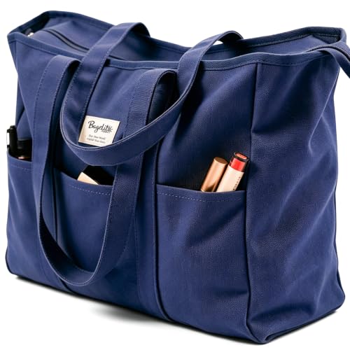 Bagelite Extra Large Canvas Tote Bag for Women Men, Utility Work Bags with Zipper - color: Azure
