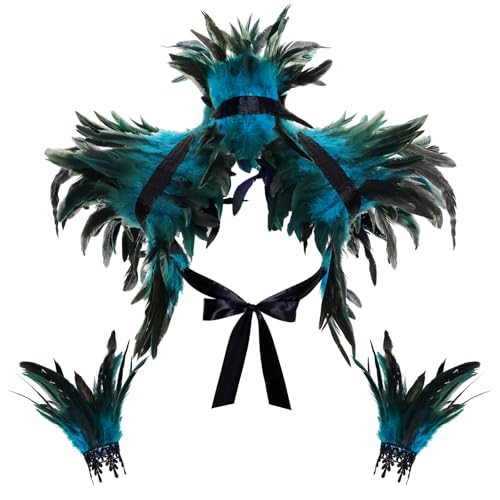 2Pcs Witch Feather Shawl Wrist Cuff for Women | Gothic Crow Shrug Shawl, for Halloween, Feather Costume Accessories - color: Blue