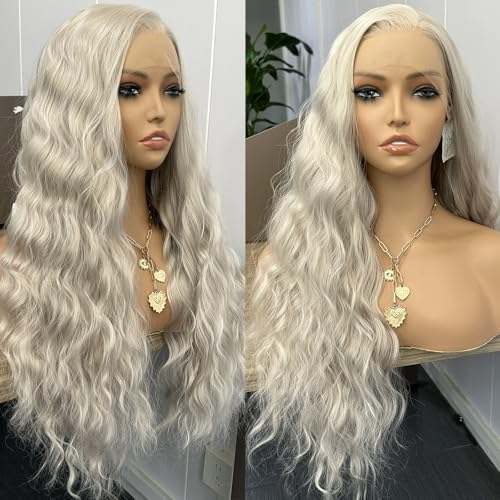 RONGDUOYI Ash Blonde Synthetic Lace Front Wigs for Women 13x4 Long Deep Curly Wave Light Grey Wig Middle Part Natural Hairline Daily Wear Cosplay 24Inch - color: Ash Blonde 4503