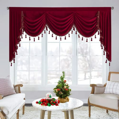 StangH Christmas Red Waterfall Velvet Curtain Valances W79 inches, 1 Panel | Luxury Waterfall Swag Valances, Room Darkening Privacy Window Drapes for Theater, Living Dining Room, Media - color: Red, size: 79"W x 40"L (Pack of 1)