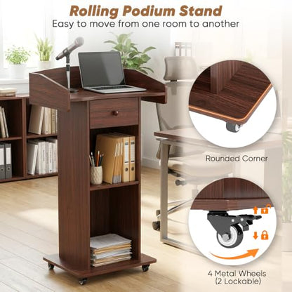 Portable Podium Stand with Metal Wheels, Rolling Podium with Drawer and Adjustable Shelf, Mobile Pulpit for Church, Wooden Lectern for Classroom Office Restaurant Conference (Brown) - color: Brown