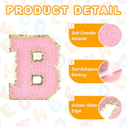 MECCANIXITY Chenille Letter Patches 2.2" Self Adhesive Letter B Stick on Embroidered Patch Sew on Letter Stickers Applique for Repairing Clothing Jeans Shoes Hats DIY(Pink, Pack of 6) - style: Letter-B