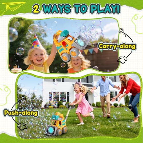 Bubble Machine for Kids 3-6, Construction Truck Bubble Lawn Mover | 2-In-1 Handheld Push, Automatic Bubble Blower With Led Lights, USB Rechargeable, Bubbles Toy for Kids Boy Girl 3-6 Year Old