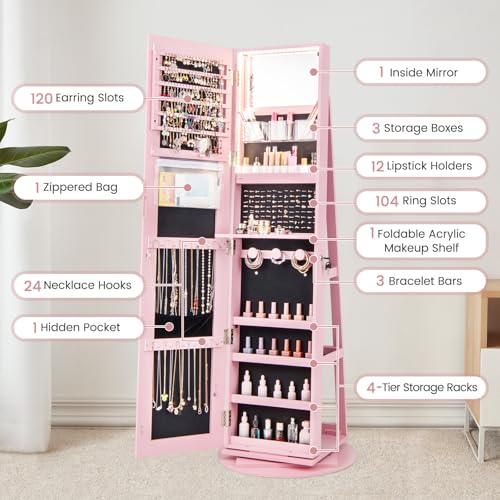LOKO 360° Swivel Jewelry Cabinet, Lockable Jewelry Organizer (Pink) - color: Pink