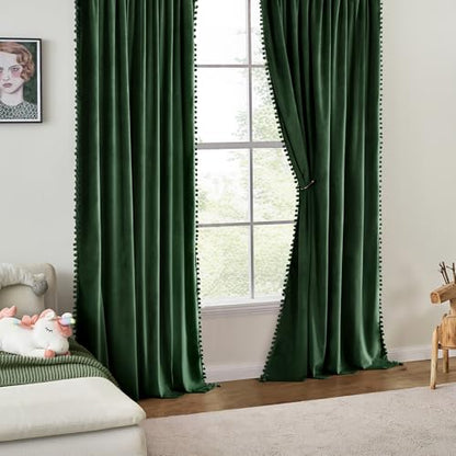 MIULEE Emerald Green Pom Pom Velvet Blackout Curtains, W52 x L96 Set of 2 | Rod Pocket Curtains,Thermal Insulating,Christmas Blackout Curtains for Bedroom/Home Theater/Living Room Darkening - color: Emerald Green, size: 52"W x 96"L (Pack of 2)