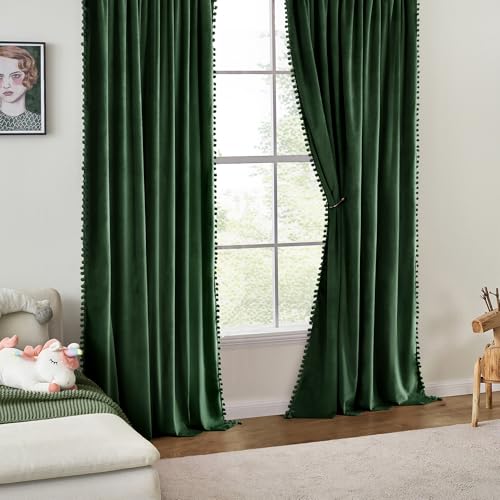 MIULEE Emerald Green Pom Pom Velvet Blackout Curtains, W52 x L84 Set of 2 | Rod Pocket Curtains,Thermal Insulating,Christmas Blackout Curtains for Bedroom/Home Theater/Living Room Darkening - color: Emerald Green, size: 52"W x 84"L (Pack of 2)