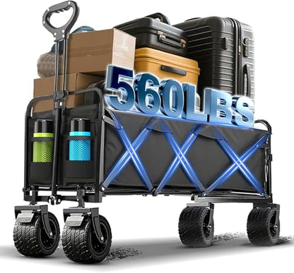 350L Large Capacity Foldable Wagon with Brakes, 560lbs Heavy Duty Collapsible Wagon Cart with Push Handle All-Terrain Big Wheels for Camping, Sports, Shopping, Beach - size: 350L