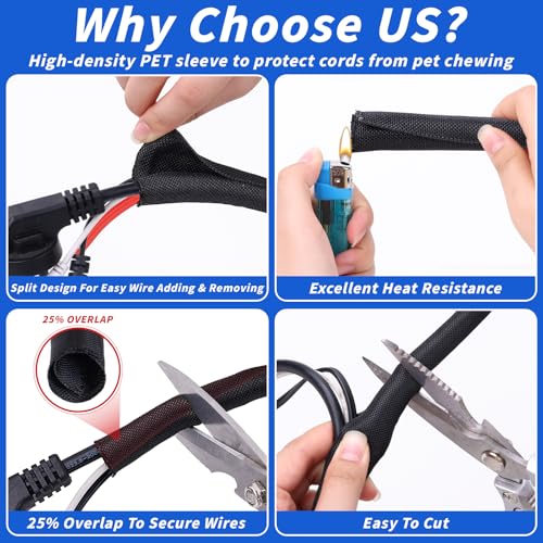 30ft - 3/8in Split Braided Sleeve Cable Management, Self-Wrapping | Flexible loom tubing protects wires from abrasion and heat. Great for automotive, TV, computer, and home electrical use. - size: 3/8inx30ft