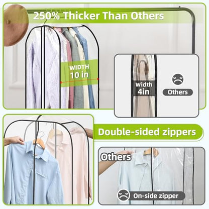LANDNEOO 6 Pack Clear Garment Bags for Hanging Clothes with Zippers on Double Sides - 10'' Clothes Storage for Coat, Dress, and Fur in Closet - 40'' Long Suit Bags - size: 40 inch