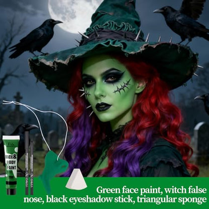 Halloween Makeup Kit for Witch, Complete SFX Costume Set with Green Face Paint, Witch Fake Nose, Water-Based Face Paint Set for Halloween Cosplay SFX Makeup, Costume Parties, Theater - color: Green