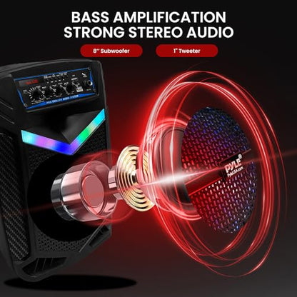 Pyle 400W Rechargeable Outdoor Bluetooth Speaker Portable PA System w/ 8” Subwoofer 1” Tweeter, Recording Function, Mic In, Party Lights USB/SD, Radio - Pyle PPHP842B, BLACK - size: 8 in