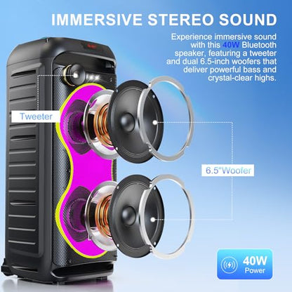 Bluetooth Karaoke Speaker with 2 Wireless Microphones – 40W Portable PA System with LED Lights, TWS Pairing, 6.5” Dual Woofers, Rolling Wheels, Rechargeable Battery - for Party/Home/Outdoor