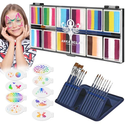 Anka Bella Professional Face Painting Kit，Water Activated Non Toxic | water based,for sensitive skin,washable,with brushe and stencil,easy to remove,hypoallergenic,for halloween/parties,12X10gm - color: Rainbow Valley set