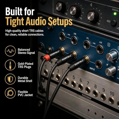 1/4 Inch TRS Balanced Cable 1 Foot (2-Pack) Male to Male - 20AWG OFC Professional Audio Patch Cable with 24K Gold-Plated Connectors for Studio Monitor, Audio Interface, DJ Mixer, Amplifier