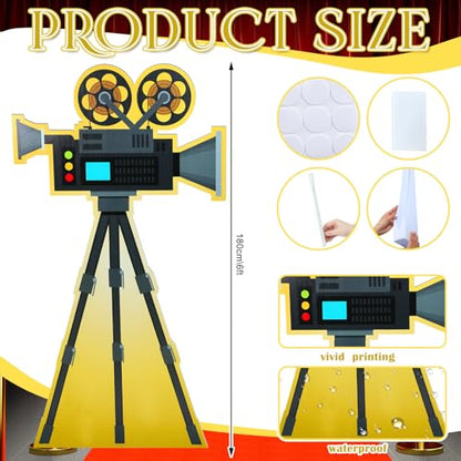 Yookeer 6 Ft Movie Award Night Party Decoration Red Carpet Camera Stand-Up Cardboard Cutout Lifesize Movie Theme Prom Decor Awards Night Photo Booth Backdrop for Themed Party Events Supplies - style: Camera