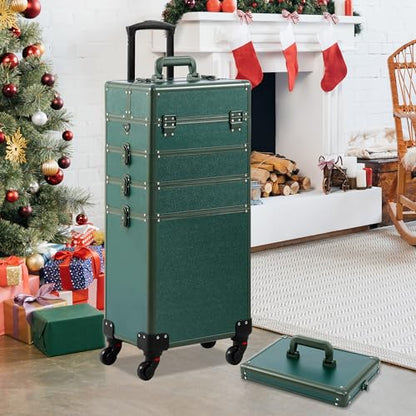 Somduy Makeup Train Case, Rolling Makeup Case with Lid, 5 in 1 Cosmetology Case on Wheels, Christmas Gift, Large Makeup Case Organizers, Profesional Cosmetic Case for Salon Barber, Green - color: Green