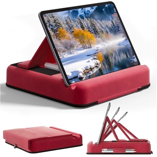 Tablet Pillow Stand, Multi-Angle Foldable iPad Holder for Bed, Sofa, Desk, Lap, Soft Pad Dock with Storage Pocket & Stylus Mount, for 4.7-13" Devices iPad,iPhone,E-Reader,Books (Red) - color: Red