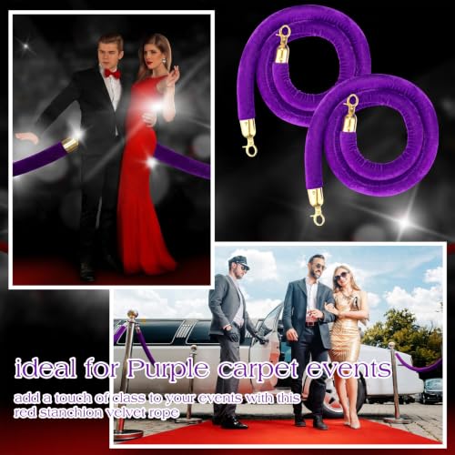Nuogo 6 Pack Velvet Stanchion Rope,5 Feet Velvet Rope with Gold Hook,Purple | Safety Rope Off Barrier, Crowd Control, 1.2 IN in Diameter, Event Weddings Graduation Theaters Grand Opening Hotel - color: Purple