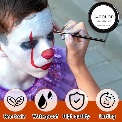 3 Set Black White Red Face Body Paint, 3-Color Joker Face Body Paint | Clown Makeup Kit with Sponge and Brush, Halloween Cosplay Costume Makeup Set for Special Effect Party Supplies - color: Red,black & white