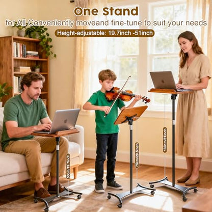 2 in 1 Dual-use Music Stand & Desktop Book Stand, Adjustable Height 16.5"-51", 100% Solid Wood Laptop Floor Stand Book Holder with Elastic Page Clips for Cookbooks (Brown-Wheeled) - color: Brown-wheeled
