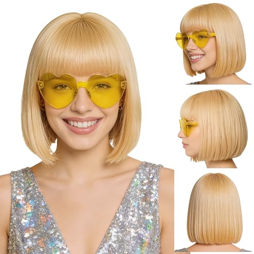 Short Bob Straight Hair Wigs with Bangs, Heat Resistant Fiber Hair, Heart-shaped Glasses for Women (Light Gold) - color: Light Gold
