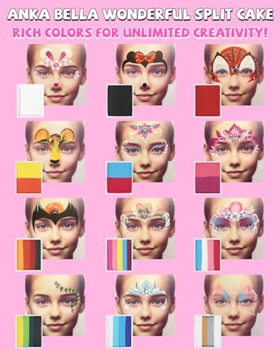 Anka Bella Professional Face Painting Kit,12X10gm Water Based Cake Face Paint with Stencil & Brushes,Hypoallergenic Safe & Non-Toxic,Gift for Birthday Parties/Halloween/Christmas - color: Rainbow Splicing set