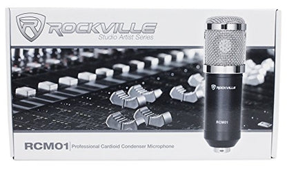 Rockville RCM01 Pro Studio Condenser Microphone, 200 Ohm, Cardioid Pattern, Metal Shock Mount, 30Hz-20kHz Frequency, XLR and 3.5mm Cables, for Vocals and Podcasting | 25mm Diaphragm, Cardioid, 48V Phantom Power, 30Hz-20kHz, 130dB SPL, 10 Ft XLR/3.5mm Cabl