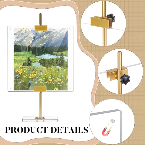 Acrylic Easel Display Stand Adjustable Metal Tabletop Easel Stand with Acrylic Floating Photo Frame 16.5" for Display Picture,Art,Poster,Table Easel for Wedding Home (Gold)