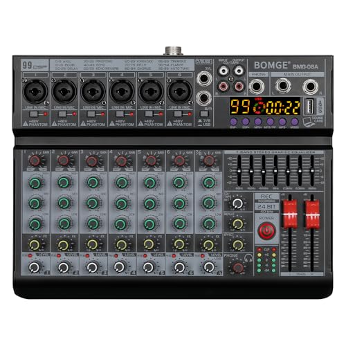 BOMGE Professional 8 Channel DJ Audio Mixer, Sound Mixer with 99 DSP Effects/7-band EQ/USB Drive/Bluetooth/Compute/48V Phantom for PC Recording Karaoke Studio Streaming