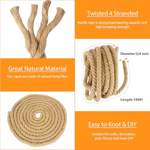 Manila Rope 3/4 Inch X 100 Ft, Natural Hemp Rope 4 Strand Twisted, Thick for Crafts Heavy Duty Multipurpose for Swing Bed, Camping, Tug of War, Docks, DIY Projects. - size: 100 feet, style: 0.75 inch