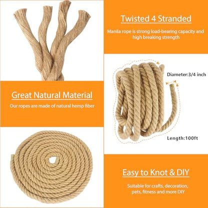 Manila Rope 3/4 Inch X 100 Ft, Natural Hemp Rope 4 Strand Twisted, Thick for Crafts Heavy Duty Multipurpose for Swing Bed, Camping, Tug of War, Docks, DIY Projects. - size: 100 feet, style: 0.75 inch