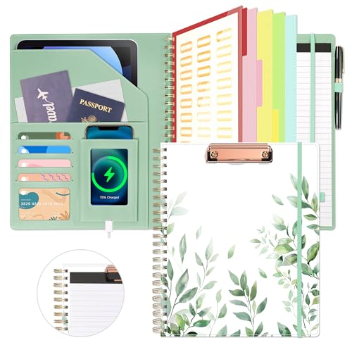 Ospelelf Clipboard with Storage, Leather Padfolio Portfolio Organizer 5 Folders with 10 Pockets, Spiral Clipboard Folio with Notepad for Letter Size, Elastic Closure and Pen Loop Green Plants - color: Green Plants