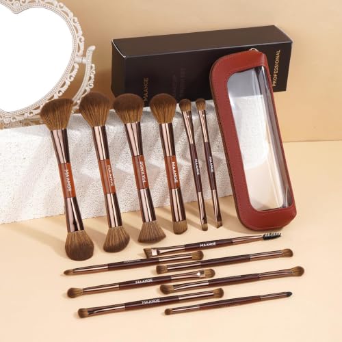 MAANGE 13 Pcs Foundation Makeup Brush Set With Bag, Make up Brushes, Double-End Multi Functional Makeup Brushes, Professional Face Brush Set Tools For Liquid Powder Concealer Cream Blush (Brown) - color: Brown