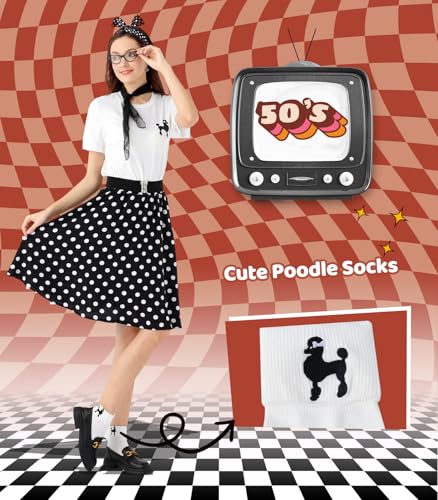 1950s Poodle Skirt Outfit Women 50s Sock Hop Costume T Shirt Accessories - color: Black-white-dot, size: X-Large