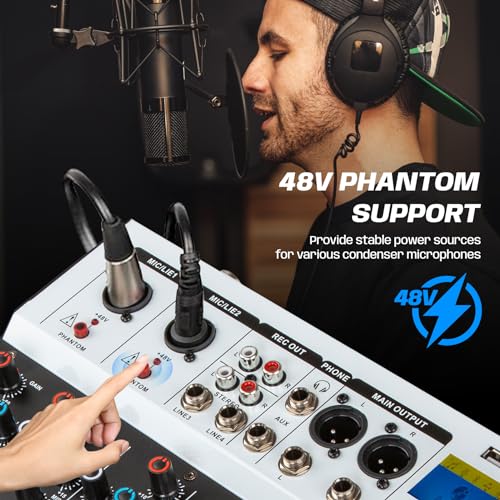4 Channel Audio Mixer, 16 DSP Effects, 48V Phantom Power F4PRO | Bluetooth & USB connect, 3-band EQ, Real-time Monitoring, for Recording, Podcasting, Live Streaming, and DJ Use.