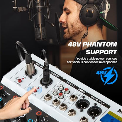 4 Channel Audio Mixer, 16 DSP Effects, 48V Phantom Power F4PRO | Bluetooth & USB connect, 3-band EQ, Real-time Monitoring, for Recording, Podcasting, Live Streaming, and DJ Use.